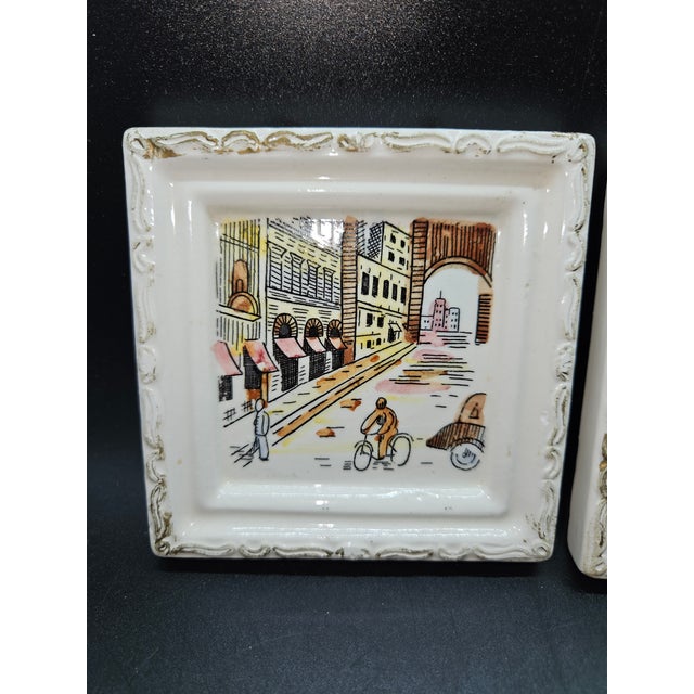 Vintage Hand-Painted Ceramic or Porcelain Wall-Hanging Tiles, Set of Two.