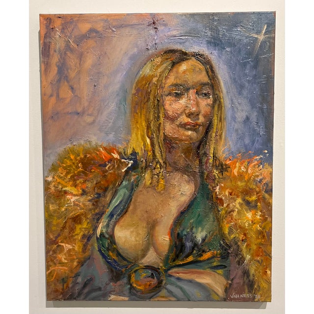 24"x30" on gallery wrapped canvas, no frame needed. Woman in emerald green dress with fur wrap. Van Ness Artist Statement...