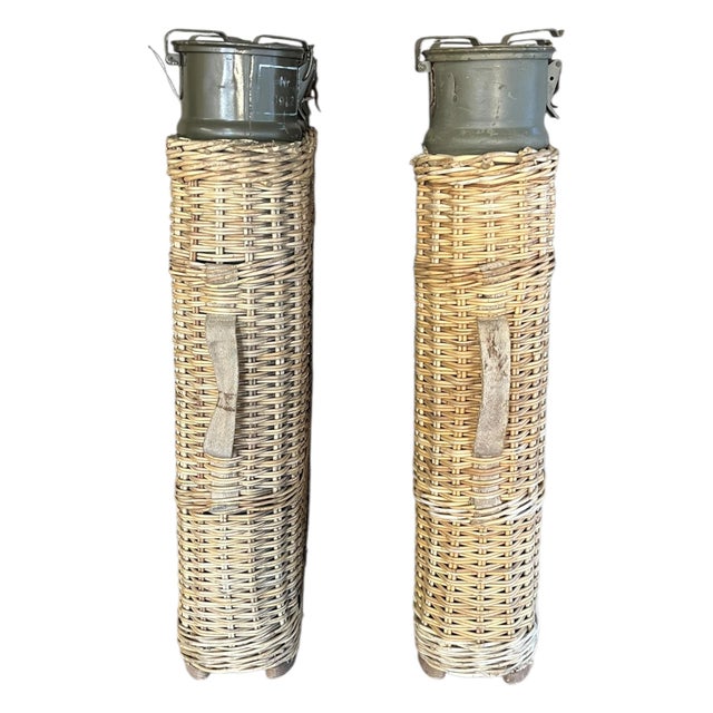 Early 20th Century Pair of World War II Wicker Canister Holders With Canisters For Sale - Image 4 of 7