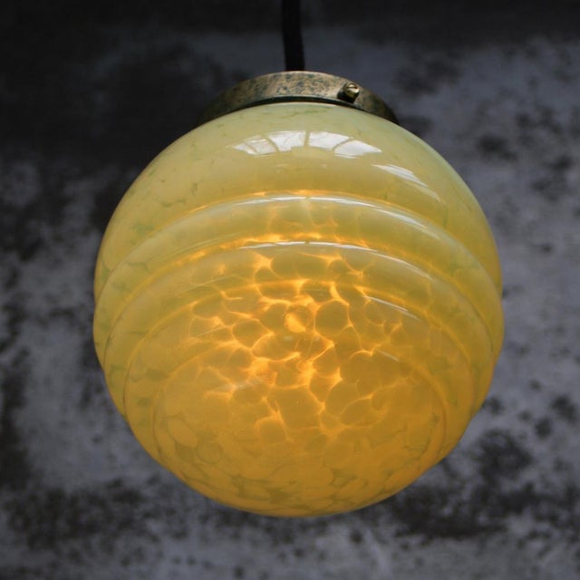 Mid-Century Modern French Green Reeded Glass Clichy Pendant Lamp For Sale - Image 3 of 6