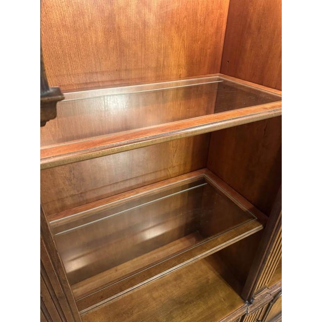 Neoclassical 1980s Triple Arch Cherry Bookcase Library Hutch With Glass Shelves and Lights For Sale - Image 3 of 4
