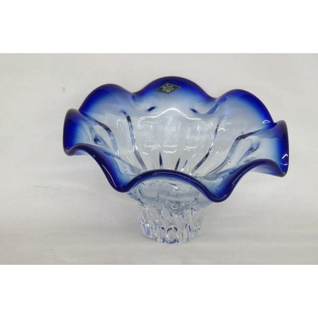Shannon Crystal Designs of Ireland Clear With Blue Ruffled Rim Bowl Poland For Sale - Image 13 of 13