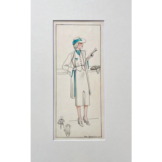 Original vintage watercolor Art Deco Era fashion design signed lower left by Lena Acquaviva circa 1934. Presented matted...