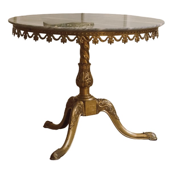 Louis XV Round Gueridon Table in Brass and Marble Top For Sale