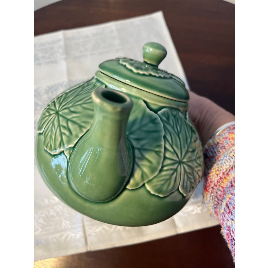 Vintage Bordallo Pinheiro Majolica Greanium Green Teapot | Chairish