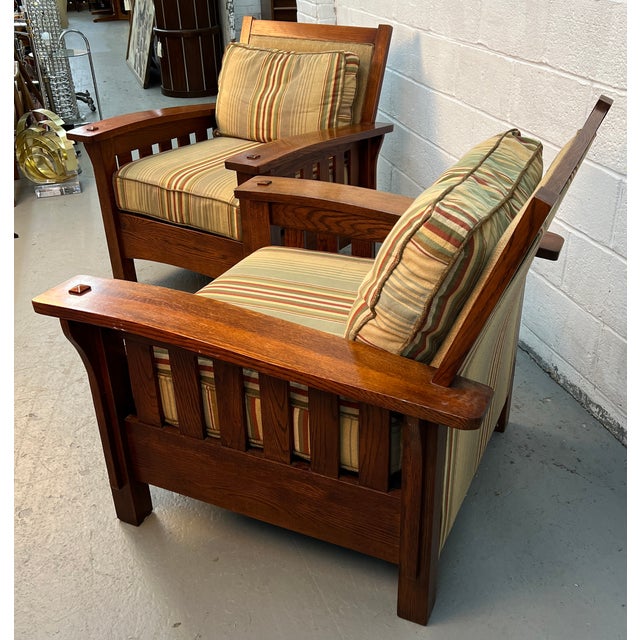Late 20th Century Late 20th Century Handcrafted Slatted Mission Oak Lounge Chairs For Sale - Image 5 of 16
