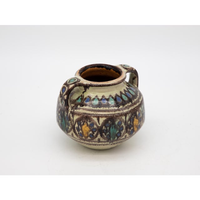 Antique Brown, Blue & Yellow Two-Handled Vase For Sale - Image 4 of 11