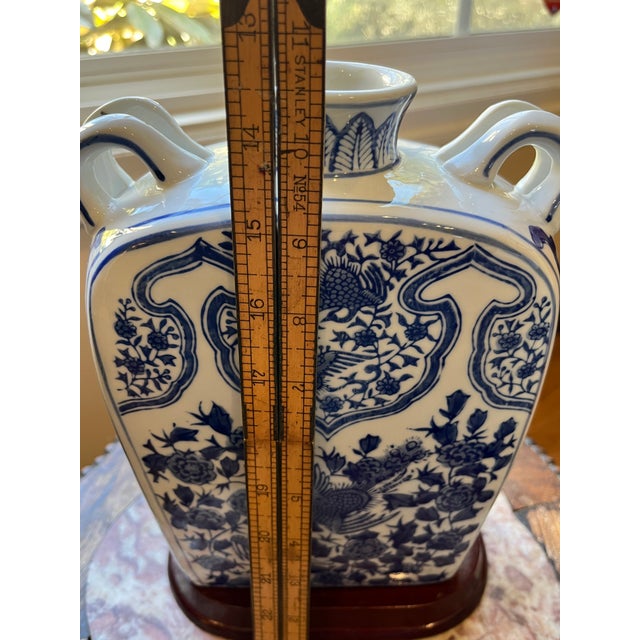 Vintage 10.5" Chinoiserie Blue & White Phoenix Moon Flask With Stand For Sale In San Francisco - Image 6 of 8
