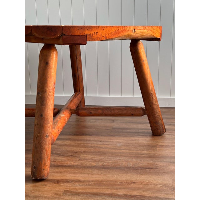 Vintage Scalloped Round Cottage Pine Log Dining Table, Rustic & Handcrafted For Sale - Image 14 of 18