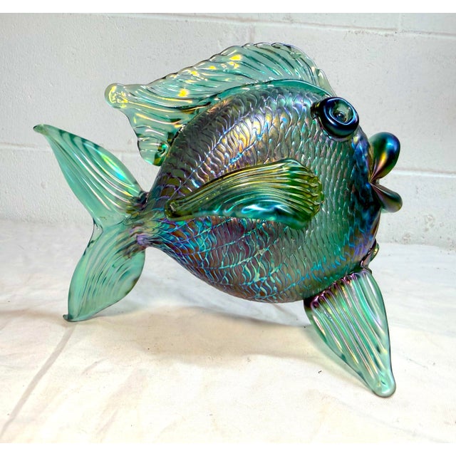 Vintage Hand Blown David Tate Studio Glass Iridescent Green Gold Fish Sculpture For Sale - Image 4 of 15