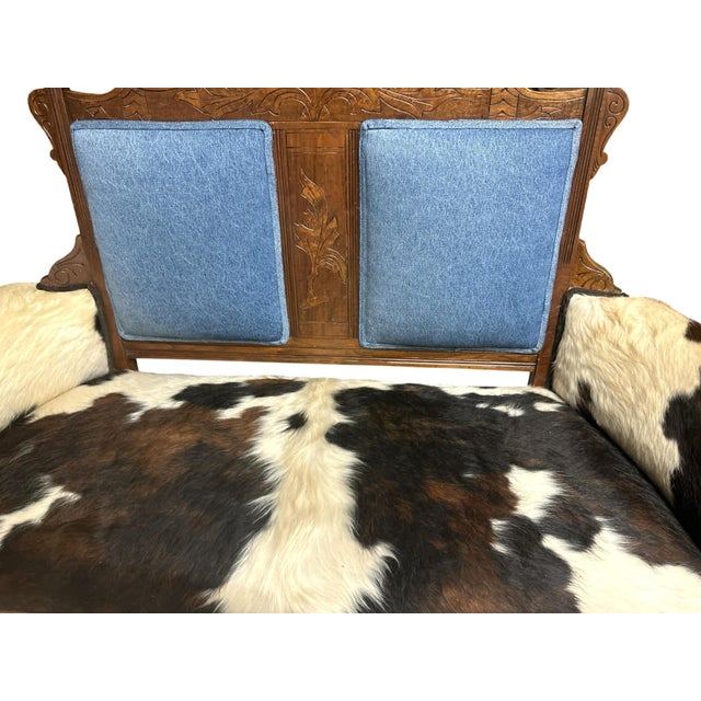 Victorian 'Desperado Eastlake' 19th Century Settee Reupholstered in Cowhide and Denim 52" X 22" X 41" For Sale - Image 3 of 12
