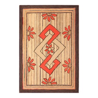 1900s Tan Camel Diamond Squares Folk Art Antique American Hooked Rug 2'8" X 4'0" Wool Carpet For Sale