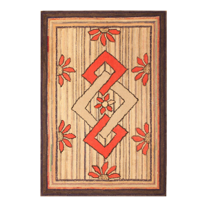 1900s Tan Camel Diamond Squares Folk Art Antique American Hooked Rug 2'8" X 4'0" Wool Carpet