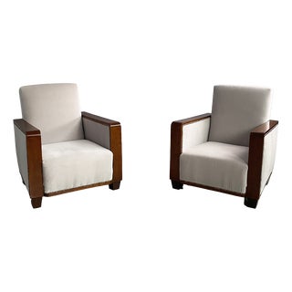 Italian Art Deco Lounge Chairs in Wood and Grey Velvet, 1930s, Set of 2 For Sale