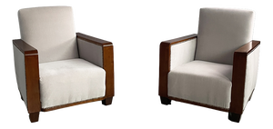 Italian Art Deco Lounge Chairs in Wood and Grey Velvet, 1930s, Set of 2