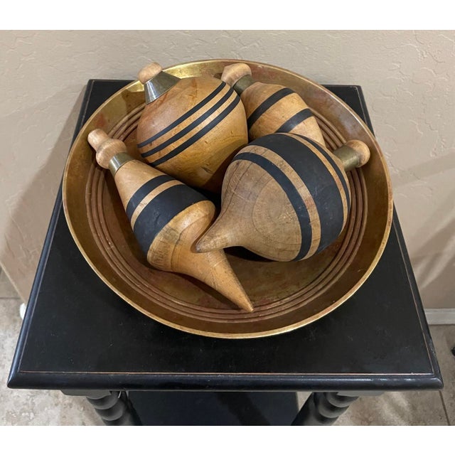 Set of 4 Antique Striped Wood & Brass Spinning Tops For Sale - Image 10 of 10