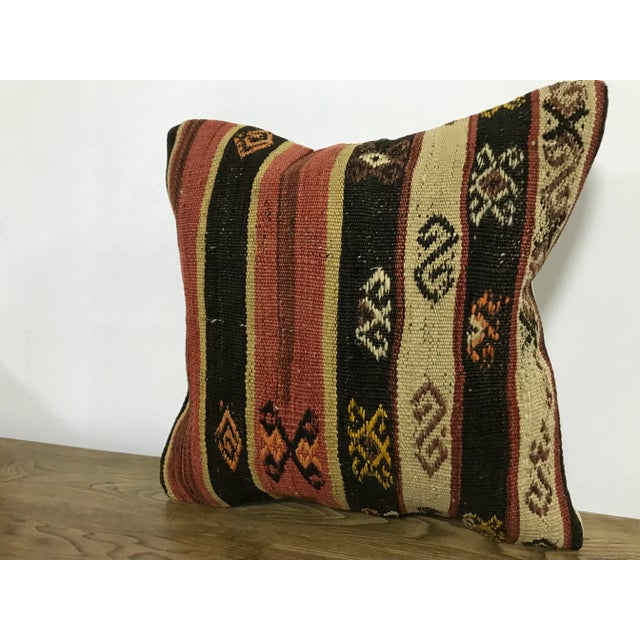 Boho Chic Striped Design Ethnic Turkish Red and Black Kilim Pillow Cover For Sale - Image 3 of 6