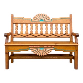 Southwestern Hand Carved Pine Bench For Sale