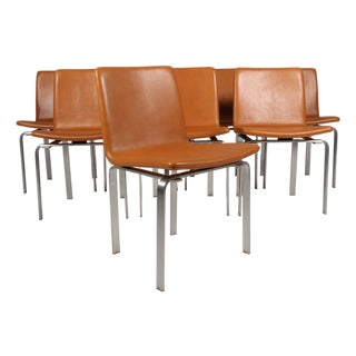 Dining Chairs in Tan Leather and Stainless Steel by Jørgen Høj for PP Møbler, 2010s, Set of 8 For Sale