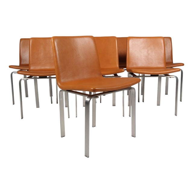 Dining Chairs in Tan Leather and Stainless Steel by Jørgen Høj for PP Møbler, 2010s, Set of 8 For Sale