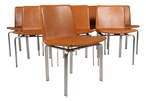 Dining Chairs in Tan Leather and Stainless Steel by Jørgen Høj for PP Møbler, 2010s, Set of 8