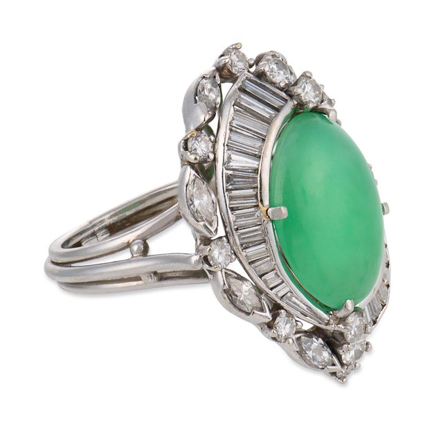 1980s Vintage Gia 6.50 Carat Burma Jade Diamond Platinum Cocktail Ring, Size 5.5 For Sale - Image 5 of 5