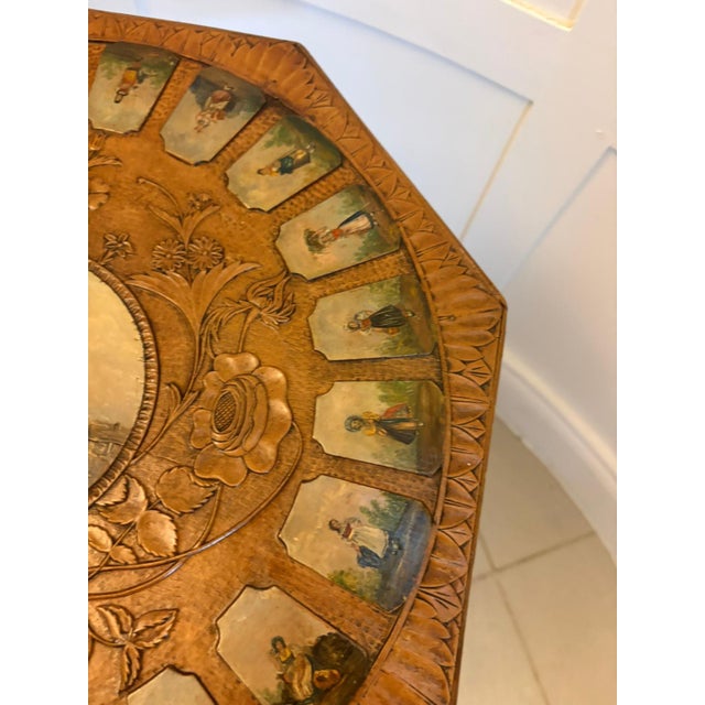 1900 - 1909 Antique Swiss Black Forest Hand Painted Walnut and Beech Folk Art Occasional Lamp Side Table, 1900 For Sale - Image 5 of 15