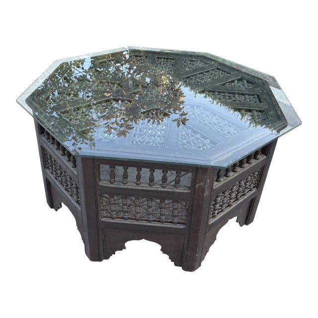 1960s Moroccan Wood and Glass Coffee Table For Sale