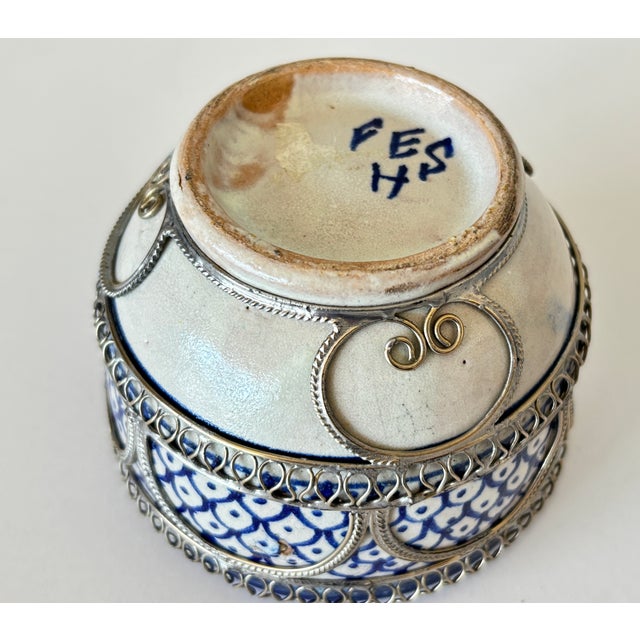 Vintage Moroccan Fez Pottery Lidded Jobbana Jar With Silver Filigree Circa 1980 For Sale - Image 12 of 12