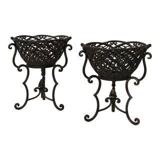 Vintage Traditional Openwork Wrought Metal Basket Pillar Candle Holders or Plant Stands- A Pair For Sale