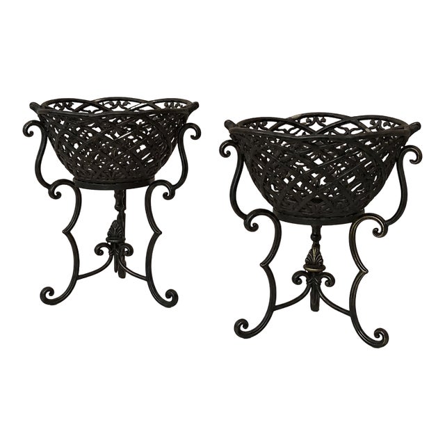 Vintage Traditional Openwork Wrought Metal Basket Pillar Candle Holders or Plant Stands- A Pair For Sale