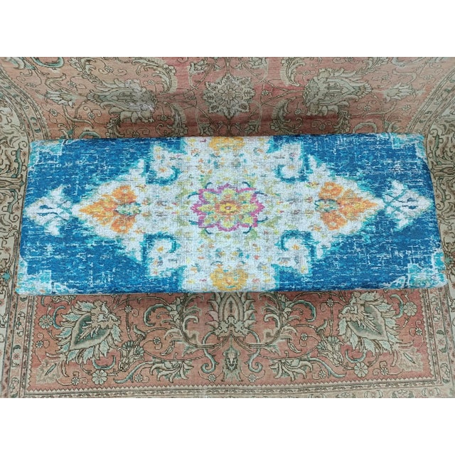 2020s Boho Blue Rug Print Fabric Upholstered Bench For Sale - Image 5 of 9