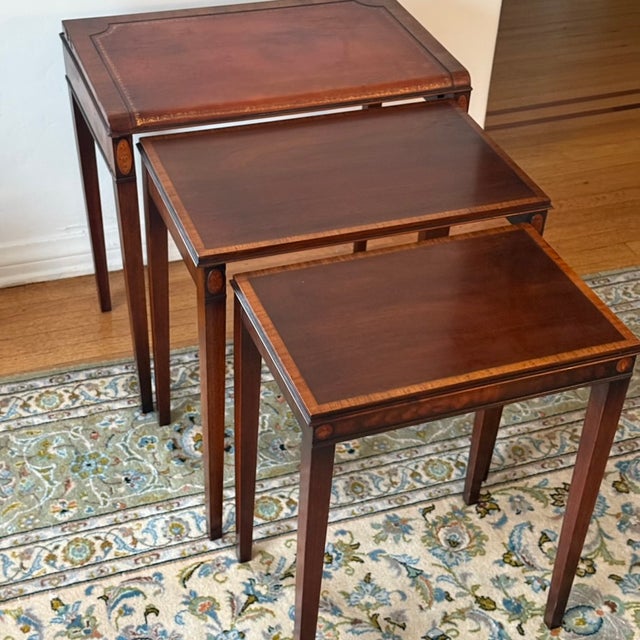 Weiman Federal Style Leather Top Nesting Tables in Mahogany With Marquetry by Weiman, Set of 3 For Sale - Image 4 of 11