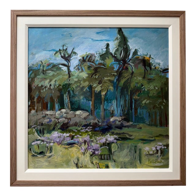 Late 20th Century, Untitled Landscape, Original Acrylic on Canvas Custom Framed With Linen Liner and Wood Frame, Artist Mary Ann Podolak For Sale