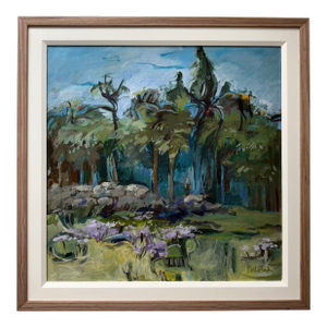 Lush Landscape, Original Acrylic on Canvas Custom Framed With Linen Liner and Wood Frame, Artist Mary Ann Podolak