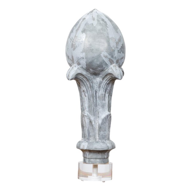 19th Century French Zinc Crowned Acorn Decorative Finial on Custom Lucite Base For Sale
