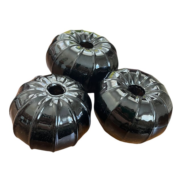 Set of 3 Vintage Smoked Black Glass Sea Urchin Bud Vases – Hand-Blown Sculptural Ribbed Forms, Coastal Modern Decor For Sale