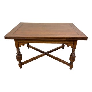Vintage Old English Tudor Jacobean Revival Style Oak Draw Leaf Dining Table For Sale