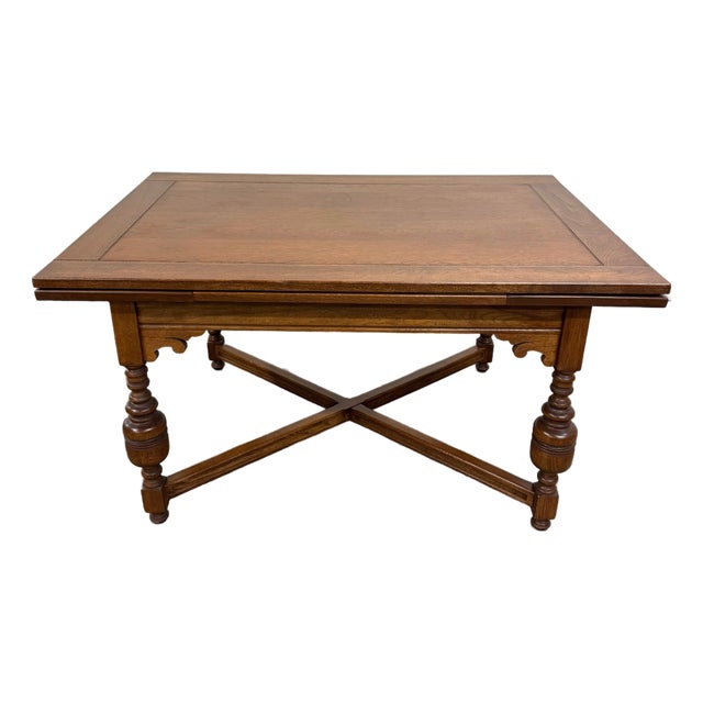 Vintage Old English Tudor Jacobean Revival Style Oak Draw Leaf Dining Table For Sale