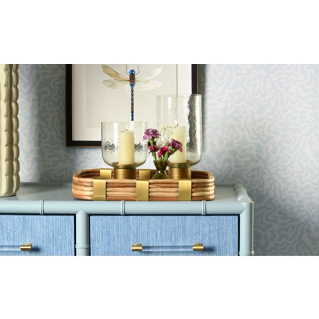 Contemporary Matthew Izzo Home Barley Rectangular Rattan and Brass Detail Serving Tray For Sale - Image 3 of 8