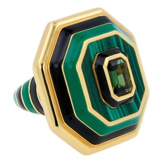 Green Tourmaline Malachite Green Black Enamel 18k Yellow Gold Enamel Unique Ring, Size 6.25 For Sale