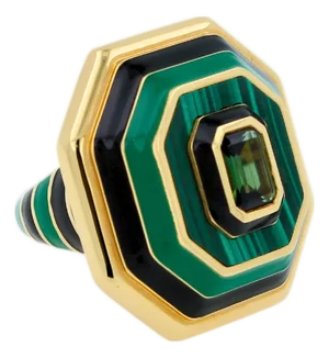 Green Tourmaline Malachite Green Black Enamel 18k Yellow Gold Enamel Unique Ring, Size 6.25