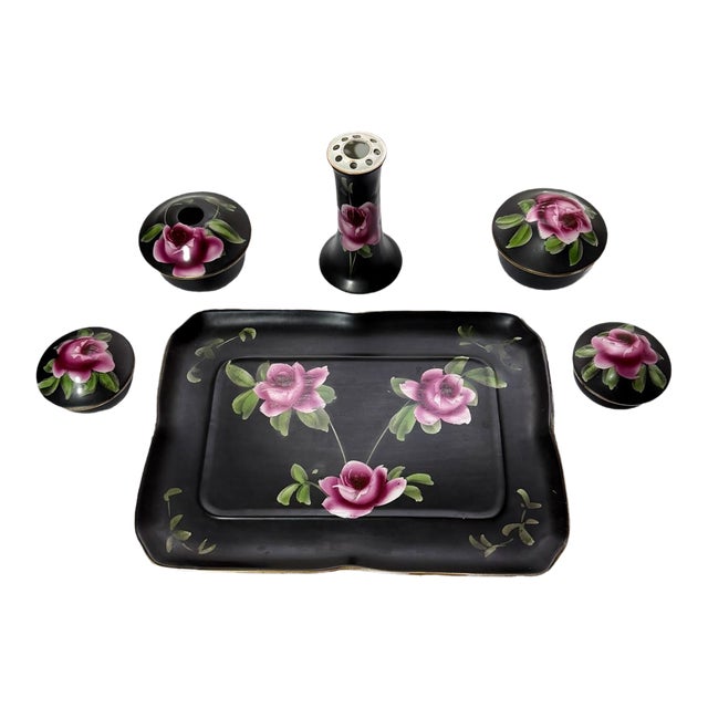 Rare Vintage Midwinter Burslem "Porcelon" Vanity Set - 6pc Black & Pink Rose Art Deco For Sale