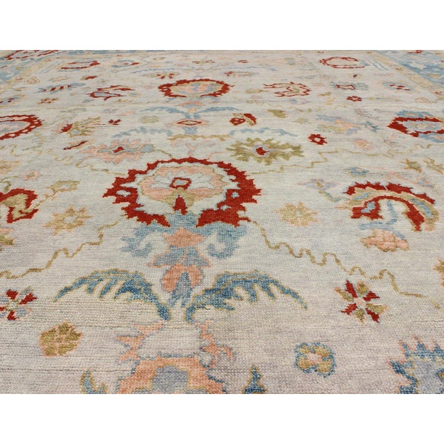 Textile Large Angora Oushak Turkish Rug With All Over Design in Light Blue, Ivory & Red For Sale - Image 7 of 13
