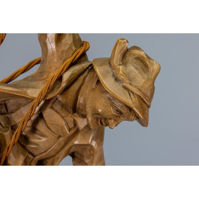 Metal German Carved Linden Wood Mountaineer with Brass Lantern, 1950s For Sale - Image 7 of 18