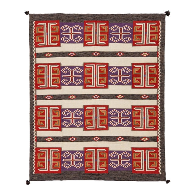 Modern Navajo Style Wool Area Rug Geometric Southwestern Textile Art in Crimson For Sale
