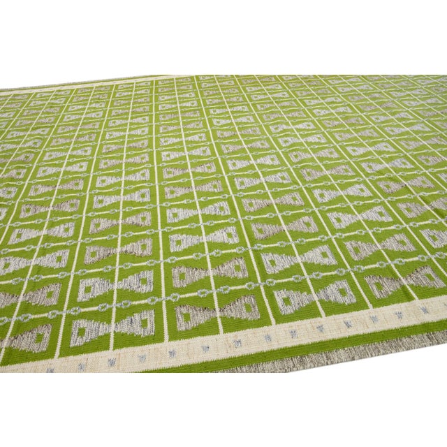 Green Modern Swedish Style Handmade Oversize Wool Rug With Geometric Design For Sale In New York - Image 6 of 7