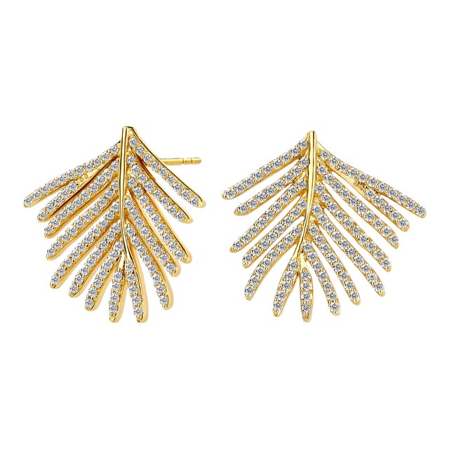 Syna Yellow Gold Palm Leaf Earrings with Diamonds, a Pair For Sale