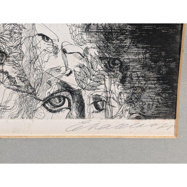 An exceptionally compelling original Surrealist etching on paper, pencil signed lower right by an artist whose signature...