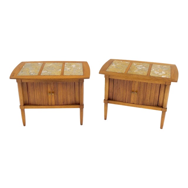 Tomlinson Tambour Door Fossil Marble Top Side End Night Stands Tables - A Pair For Sale